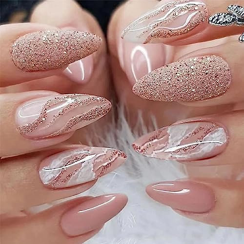 TMUT 24pcs Short False Nails Oval Stick on Nails Glitter Pink Press on Nails Removable Glue-on Nails Fake Nails Women Girls Nail Art Accessories