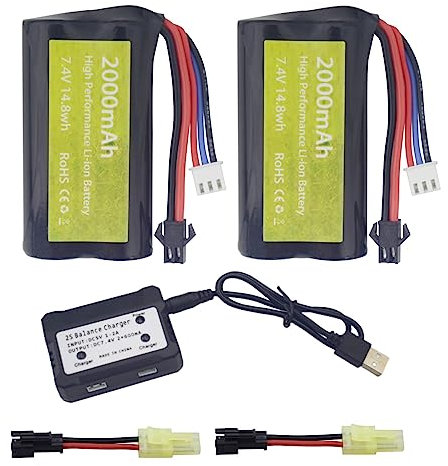 2PCS 7.4V 2000mah Batterie au Lithium avec Prise SM-2P & 1PCS 2 en 1 Chargeur pour skytech H101 H103 H105 Batterie pour Bateau RC et Voiture RC MN D90/91, MN 99/99s Batterie pour Voiture Rapide