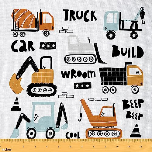Bagger Polsterung Stoff,Cartoon Bau Fahrzeug Lkw Stoff Durch den Hof für Kinder Jungen Mädchen Teens,Netter Maschinen Bulldozer Kran Im Freien Stoff für Steppnähen,Blauorange,460x150 (HxB)
