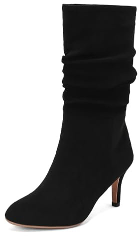 HavueGatue Women's Suede Slouch Boots Kitten Heel Mid Calf Boots Soft Fur Lining Pull on Heeled Slouchy Boot Black Mark Size 39