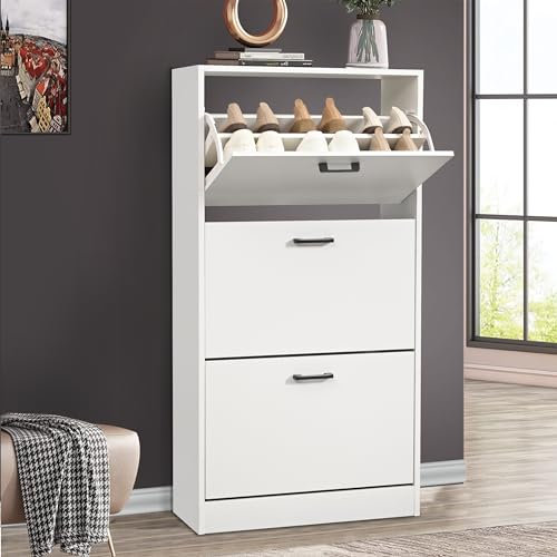 Shoe Cabinet with 3 Drawers, Pull Down Wooden Shoe Storage Organizer Cupboard Shoes Rack Cabinet Freestanding Footwear Rack Stand Hallway, Entryway, Living Rooms, White, 60W x 24D x 112H cm