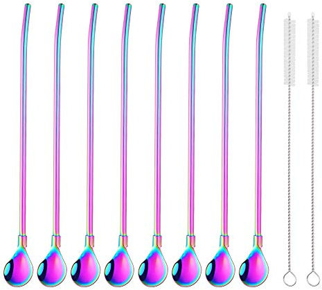 SBOMHS Wiederverwendbare Strohhalme Löffel 18/8 Edelstahl 8 Stück Trinkhalmlöffel mit 2 Bürsten Cocktail Latte Macchiato Löffel 21,5CM (regenbogen)