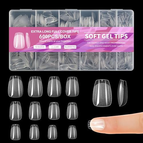 Short Square Almond Nail Tips, 600 Pcs Soft Gel Nail Tips Almond Shaped Full Cover Gel X Nails Pre Etched For Extensions, False Nails Short 12 Sizes Artificial Nail, Clear Strong False Press On Nails