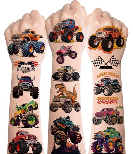 Monster Truck Tattoos 8 Blätter, Hautfreundlich für Kinder Jungen, Cool Trucks Kindertattoos Aufkleber, Sticker für Party Mitgebsel Kindergeburtstag