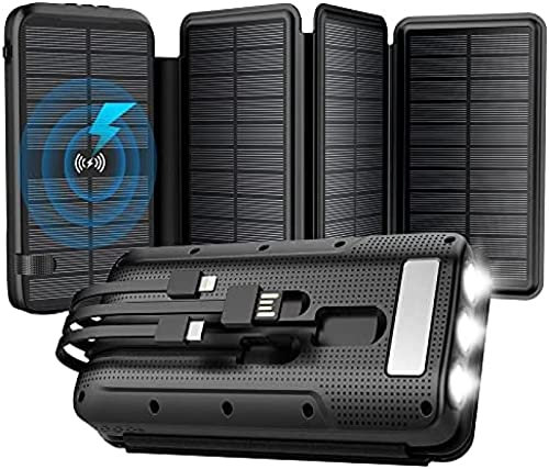 Cargador Solar Inalámbrico Power Bank, Cargador Portátil De 20000 Mah con 4 Paneles Solares Y Linterna LED, Batería Externa De Carga Rápida para Teléfono Celular Y Tableta