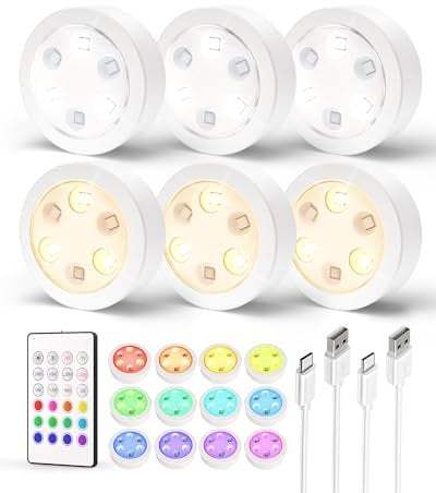 EZVALO Schrankbeleuchtung mit Fernbedienung, 14 Farben RGB LED Unterschrankbeleuchtung, kabellose wiederaufladbare dimmbar Partyleuchten für Küche, Treppen (6-Stücke, 1200mAh)