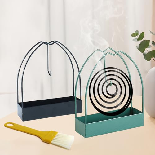 Support Spirale Anti Moustique 2 pièces, Easy Iron Mosquito Support Encens Burning Rack Home Garden Extérieur Suspendu Bobine Encens Burning Rack avec Brosse de Nettoyage (Vert, Noir)