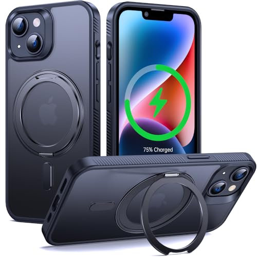 Supdeal Magnetic Kickstand for iPhone 13/14 Case, Compatible with MagSafe 360° Rotatable Ring Stand Holder, Non-slip Hard Matte Translucent Cover Military-Grade Shockproof Phone Case, 6.1, Black
