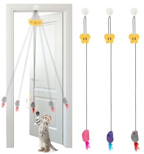 GSrenyu 3 Pcs Interactive Cat Toys for Indoor Adult Kitten Door Hanging Cat Toy Squeaky Sound and Feather Tail Self-Play Chasing for Kitten Exercising Eliminating Boredom