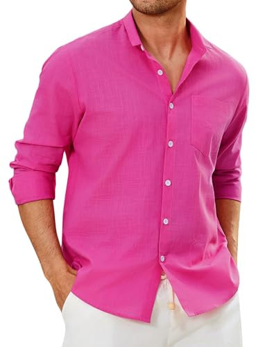 Enlision Camisas Lino Hombre Fucsia Manga Larga Verano Camisa Rosa Hombres de Algodon Cuello Mao Casual Henley Shirts Playa Boda Ligera 2XL