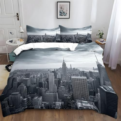 Bettwäsche-Sets 135x200cm Empire State Building New York City Grau Bettwäsche 3 Teilig, Weich Atmungsaktiv Polyester-Baumwolle Bettbezug Set mit Reißverschluss, 2 Kissenbezüge 80x80 cm