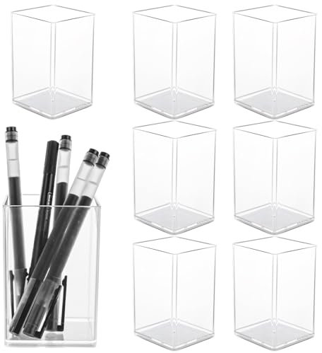 LOPYXBR Lot de 8 pots à crayons carrés en acrylique transparent pour bureau, maison, bureau, salle de bain, bureau de maquillage - 9,8 x 6,5 x 6,5 cm