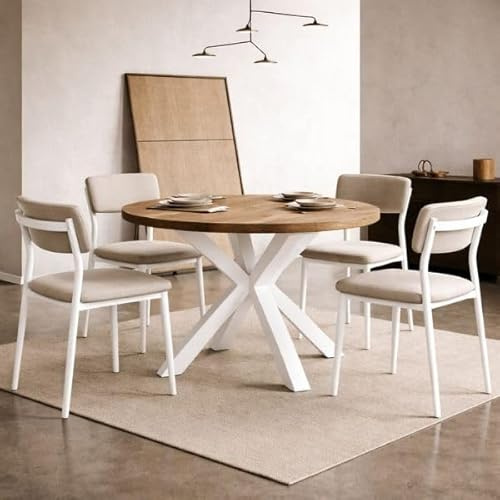 Dekori Möbel Runder Ausziehbarer Tisch für Esszimmer RAL mit Holzbeinen, Skandinavischer Stil, Durchmesser Varianten von : 90 bis 220 cm (Eiche Lancelot/Weiß, 90/140 cm)