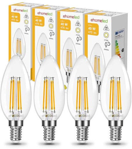 ehomeled E14 LED Filament Kerzenlampe Warmweiß 2700K, Klares Glas, 470lm 4W (=40W), Retro Vintage Glühbirne, Nicht Dimmbar, Für Kronleuchter & Deko, 4er-Pack