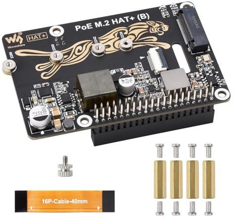 Waveshare PCIe to M.2 Adapter with PoE Function HAT+ (B), Compatible with Raspberry Pi 5, Supports POE NVMe Drive Protocol 2230/2242 / 2260/2280 M.2 Solid State Drive, High-Speed Reading/Writing