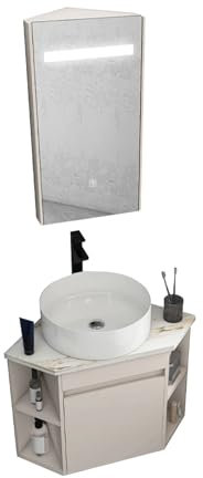 YYUINU Lavandino Ad Angolo, Mobile E Lavabo Ad Angolo per Il Bagno, Lavabo di Servizio A Parete con Contenitore, with Mirrored cabinet-43cm