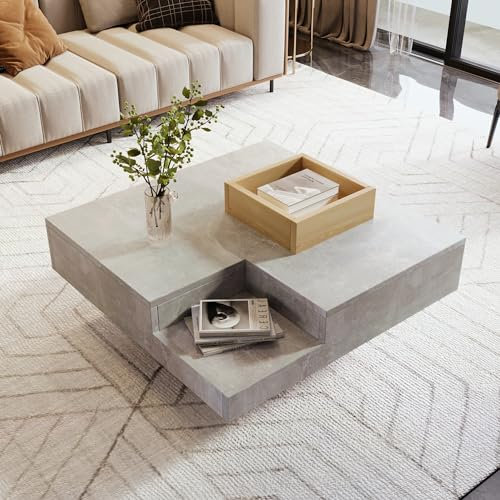 Modern Coffee Table with Removable Wooden Storage Box – Concrete Grey & Wood Finish, 72x72x30 cm, Stylish Living Room Side Table, Compact and Sturdy Design