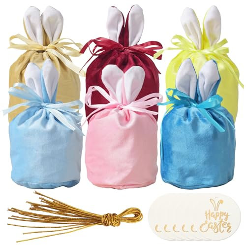 RobLuX 6 Stück Osterhasen Taschen Samt Osterhasen-Geschenkbeutel Osterhasen Tüten Hasenbeutel Samt Säckchen mit Ohren für Kinder und Erwachsene Süßigkeiten Snacks Kekse Schokolade Schmuck