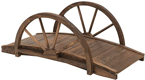 Outsunny Ponte da Giardino Ponte in Legno con ringhiera a rotelle Ponte per laghetto Carico 150 kg Ponte Decorativo per Patio 100x50x37 cm Legno carbonizzato