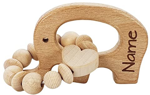 Baby HOLZ Motorik Spielzeug mit Lasergravur - personalisiert mit Namen | Mädchen & Jungen Lernspielzeug als Geschenk zur Geburt, Taufe | Elefant & Herz
