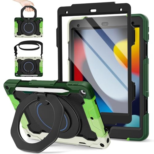 ROISKIN Kids Case for iPad 9th 8th 7th Generation 10.2 Inch (2021/2020/2019) with HD Screen Protector & Rotating Stand & Pencil Holder & Shoulder Strap,Shockproof Military iPad 10.2 Case,Black-Green