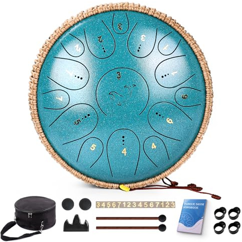 Steel Tongue Drum, 12 Zoll 15 Note Tongue Drums, C Key Steel Percussion Instrument for Kid's Adults, Handpan Drum with Drum Mallet, Music Book and Carry Bag (Malachite Green)