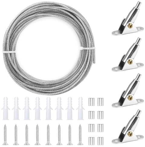 HIKPACKER Vorhang Seilspanngarnitur Gardinen 2 mm x 10 m mit 4 Eck-Halter | PVC-Beschichtetes Stahlseil Einstellbar Gardinenseil, Edelstahl Drahtseil Ummantelt für Foto-Draht, Wäscheleine, Fenster