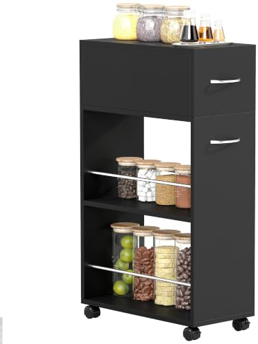 HOMCOM 3-stöckiger Küchenwagen mit Schublade und Arbeitsfläche Schwarz | 4 Universalrollen, rollender Aufbewahrungswagen, für Küche, Essinsel