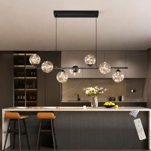 GEADI Modern Glas Kronleuchter, LED Deckenleuchte Esstisch 150CM | Höhenverstellbarer Esstischlampe Hängend, Dimmbar Pendelleuchte Schwarz für Wohnzimmer Esstisch Restaurant 7 Leuchten