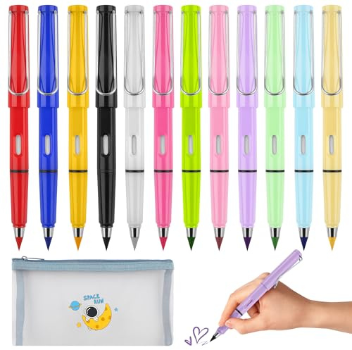12 Stück Ewiger Bleistift mit Radiergummi Buntstift Unendlichkeitsstift | Unendlicher Buntstift Ohne Anspitzen mit Integriertem Radierer Etui Zuhause Büro Schule Grundschüler Zeichnen Malen Geschenk