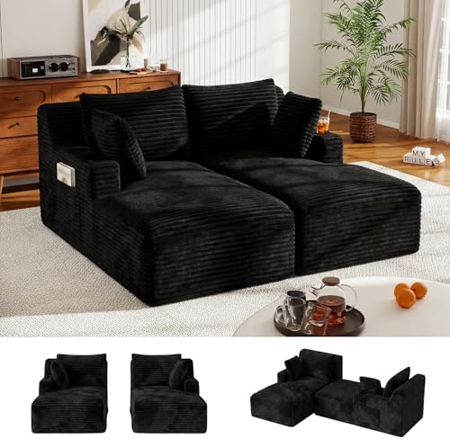 HAUSPROFI Schlafsessel Cord mit Getränkehalter & Seitentaschen, Schwarz | Schlafsofa , Boneless Couch, Cord Couch mit Schlaffunktion, Bodensofa mit Chaiselongue für Wohnzimmer, 183 * 160 * 84