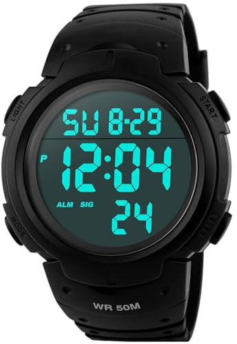 PASOY Unisex Simple Outdoor Sports Watch Big Dial Digital Light Swim Waterproof Rubber Band Alarm Black LED Watches for Mens and Women 50MM