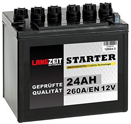 Langzeit Rasentraktor Batterie 24Ah 12V 260A Aufsitzmäher Aufsitzrasenmäher Motorrad Starterbatterie ohne Säure statt 26Ah 28Ah Plus Rechts 12N24-3