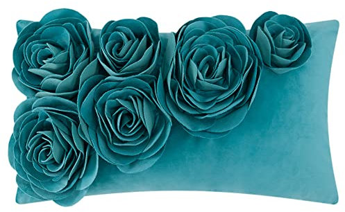 JWH 3D-Blumen-Überwurf-Kissenbezug, dekorativ, handgefertigt, weicher Samt, Lendenkissen für Bett, Wohnzimmer, Stuhl, Couch, Dekor, 30,5 x 50,8 cm, Türkisblau
