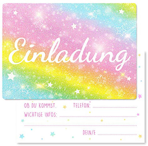 Gentle North 15 x Einladungskarten Kindergeburtstag Regenbogen Glitzer - Größe A6 - Coole Einladung zum Geburtstag für Mädchen und Jungen - Witzige Kinder Einladungskarte - Rainbow