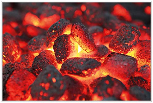 Wallario Wandbild - Glühende Kohlen im Kamin in Premiumqualität, Poster mit weißem Rahmen, Größe: 61 x 91,5 cm