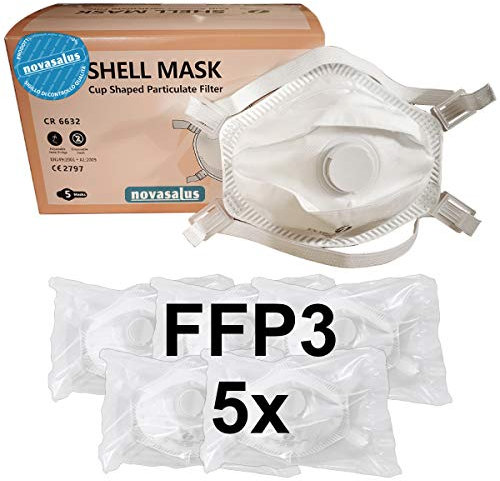 Novasalus FFP3 Atemschutzmasken mit Ventil, Cup Shape Schutzmasken, CE 2797 Zertifikat - Packung mit 5 FFP3 NR