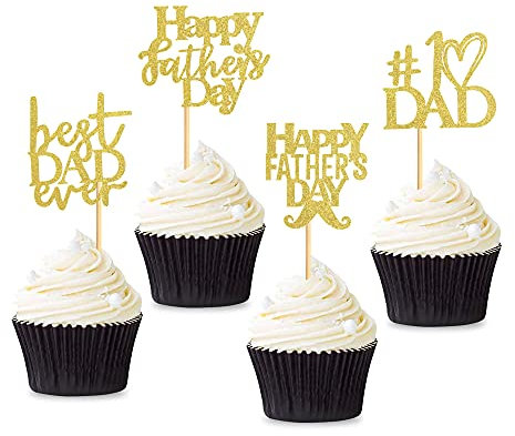 Giga Gud Cupcake Topper, 36pcs Father's Day Best Dad Ever, Gold Glitter, Birthday Party Cake Decorations Toppers