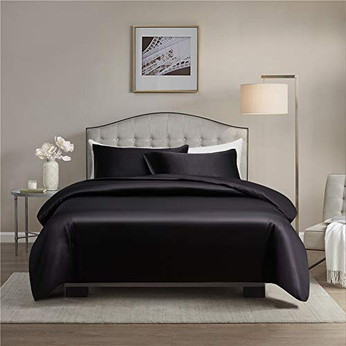 Gnomvaie Satin Bettwäsche Set 135x200 cm, Schwarz Einfarbig 4 Teilig Seide Luxus Angenehm Bettbezug mit Reißverschluss und Kissenbezug 80x80cm