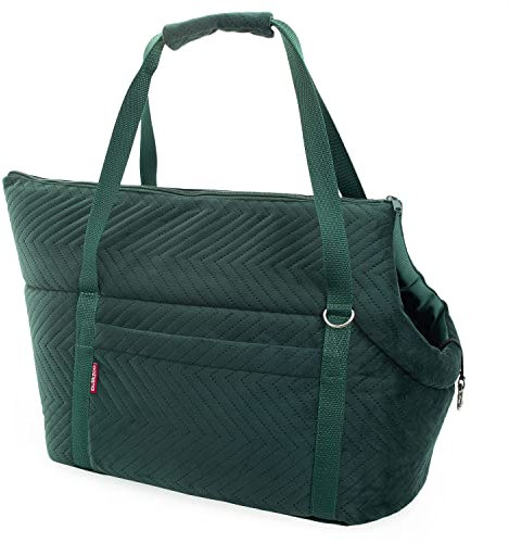 Transporttasche für Hunde und Katzen | Schultertasche für Haustiere mit Gummiband mit Karabiner | bis 15 kg | Material: Wildlederimitat - Velvet | Größe: L | Farbe: Grün