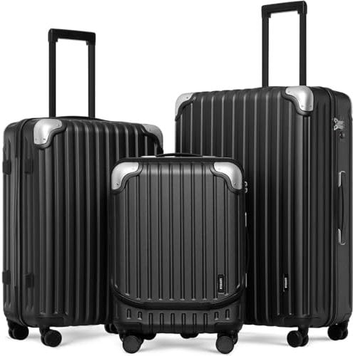 LEVEL8 Luggage Suitcase Set of 3, Carry on ABS+PC Hardshell Spinner Trolley Lightweight with Laptop Compartment, TSA (Black, 20/24/28,3 Pcs Set)