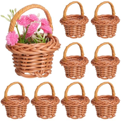 HEMOTON Mini Woven Basket Set of 10 Small Wicker Basket with Handle 2.36 X 1.77 X 1.18 in Flower for Party Favors Baby Shower Diy Crafts Home Ornament