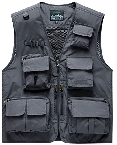 KTWOLEN Herren Anglerweste Sommer Leicht Schnelltrockenweste Funktionsweste Outdoor Fotografie Hundesport Weste Ärmellos Safari Weste mit Viele Taschen, Grau, 4XL