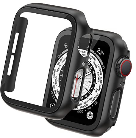 Tuocal Carcasa compatible con Apple Watch 44 mm Series 6 5 4 SE de protección de pantalla, carcasa dura, carcasa completa, ultrafina, cristal templado, color negro