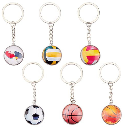 OLYCRAFT 6 stücke Mini Ball Schlüsselanhänger Legierung Glas Flache Runde Schlüsselanhänger Kreative Fußball Basketball Schlüsselanhänger Für Herren Geburtstag Weihnachtsgeschenke Rucksack