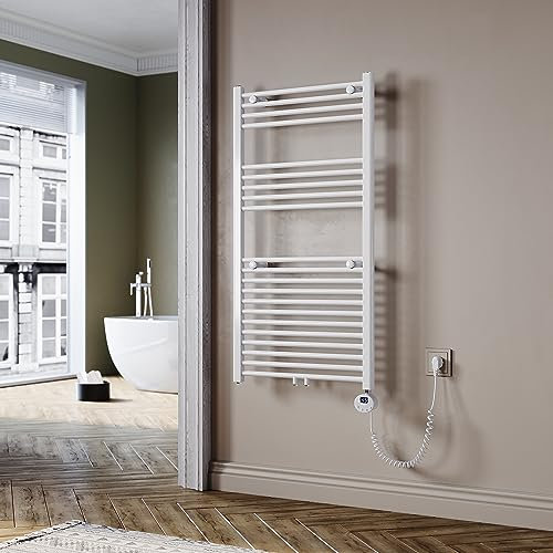 SUNXURY Badheizkörper Elektrisch Weiß 1150x600 mm Handtuchheizkörper Elektrisch mit Mini-Thermostat Auswählbar Panel Handtuchhalter Wasser Mittelanschluss 600 Watt