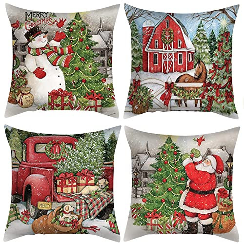 Irayin Weihnachten Kissenbezug, 4 Stück Weihnachten Dekoration Kissenhülle, Leinen Sofa Throw Kissenbezug, Weihnachten Dekoration für Haus Garten Sofa Schlafzimmer(45 x 45 cm)