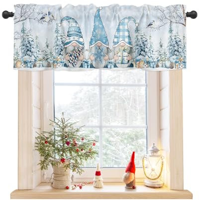 CosyBright Fenstervolant für Weihnachten, Motiv: blaue Zwerge, Schneeflocken, Weihnachtsbaum, Stangentasche, Vorhang, Volant, 106,7 x 30,5 cm, Vögel, Winterblau, Weihnachten, Küchenvolant für