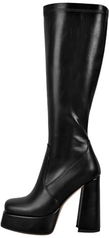 blingqueen Eckige Stiefel Plateau Blockabsatz Damen Knee High Boots mit Reißverschluss Kunstleder Schwarz 44 EU