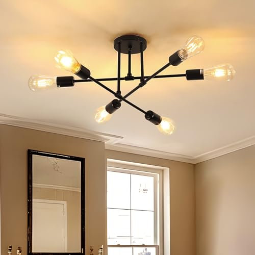 OTREN Deckenleuchte Vintage, 6 Flammig Deckenlampe Kronleuchter, E27 Hängelampe für Wohnzimmer Esszimmer Küche Flur Restaurant Hotel Café, Schwarz (Ohne Leuchtmittel)